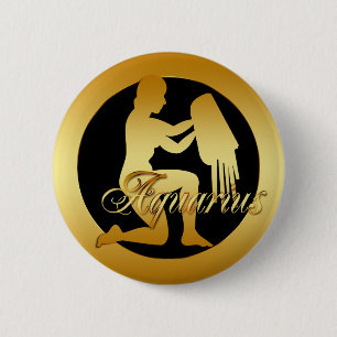 GOLD AQUARIUS ZODIAC SIGN 2 INCH ROUND BUTTON