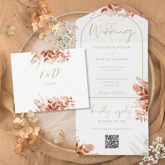 Gold Arch Autumn Fall Floral QR Code Wedding All In One Invitation (Gold Arch Autumn Fall Floral QR Code Wedding All In One Invitation)