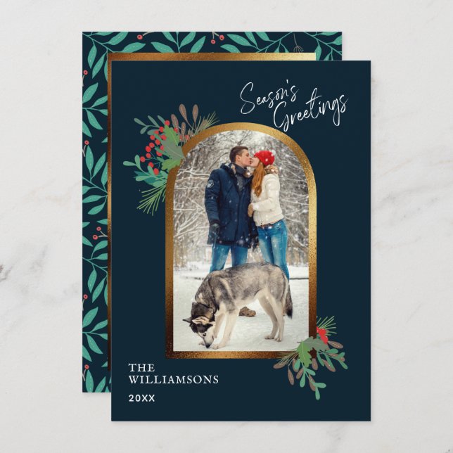 Gold Arch Custom Photo Botanical Seasons Greetings Card (Front/Back)