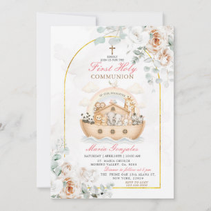 Gold Arch Floral Baptism Noah Ark Invitation 