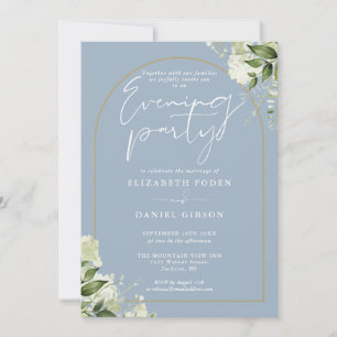Gold Arch Floral Dusty Blue Wedding Evening Party Invitation