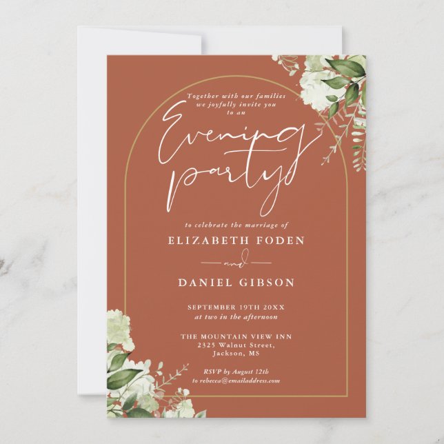 Gold Arch Floral Terracotta Wedding Evening Party Invitation (Front)