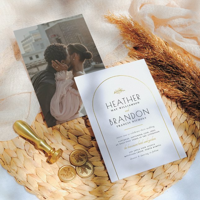 Gold Arch Frame & Elegant Typography Photo Wedding Invitation (Creator Uploaded)
