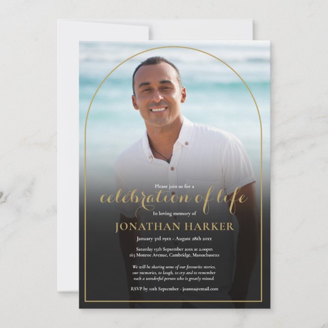 Gold Arch Funeral Photo Celebration of Life Invitation (Front)