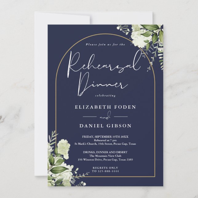 Gold Arch Greenery Navy Blue Rehearsal Dinner Invitation (Front)