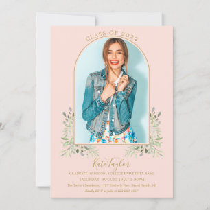 Gold Arch Photo Blush Pink Foliage Graduation Invitation
