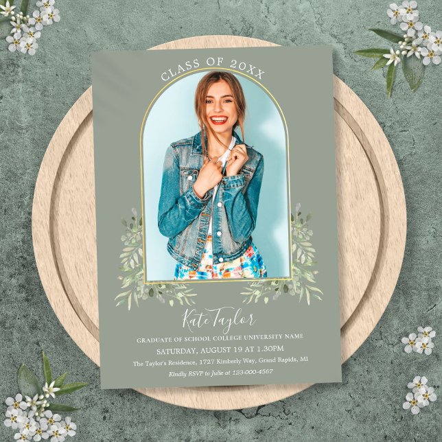Gold Arch Photo Sage Green Foliage Graduation Invitation (Gold Arch Photo Sage Green Foliage Graduation Invitation)