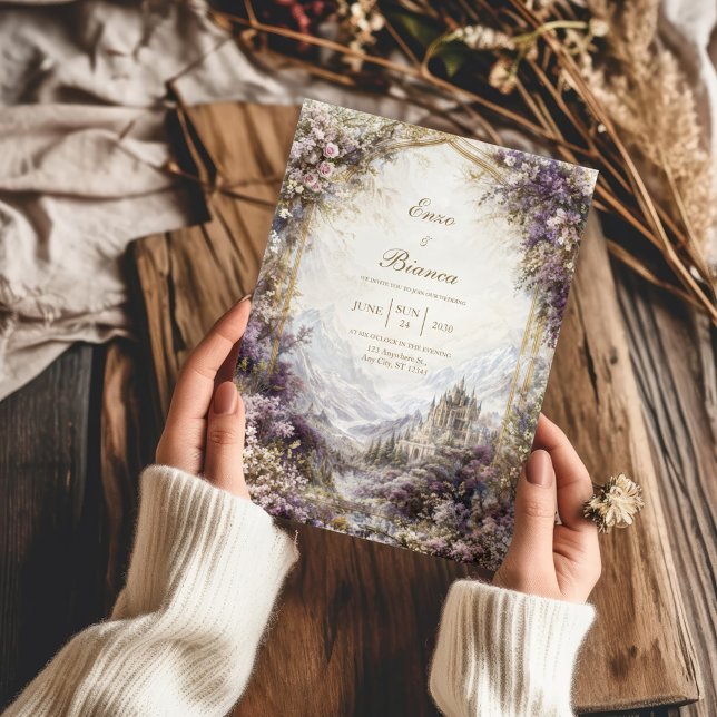 Gold Arch Pink and Purple Floral Castle Wedding Invitation (Creator Uploaded)