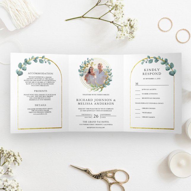 Gold Arch Rustic Eucalyptus Photo Wreath Wedding Tri-Fold Invitation (Creator Uploaded)