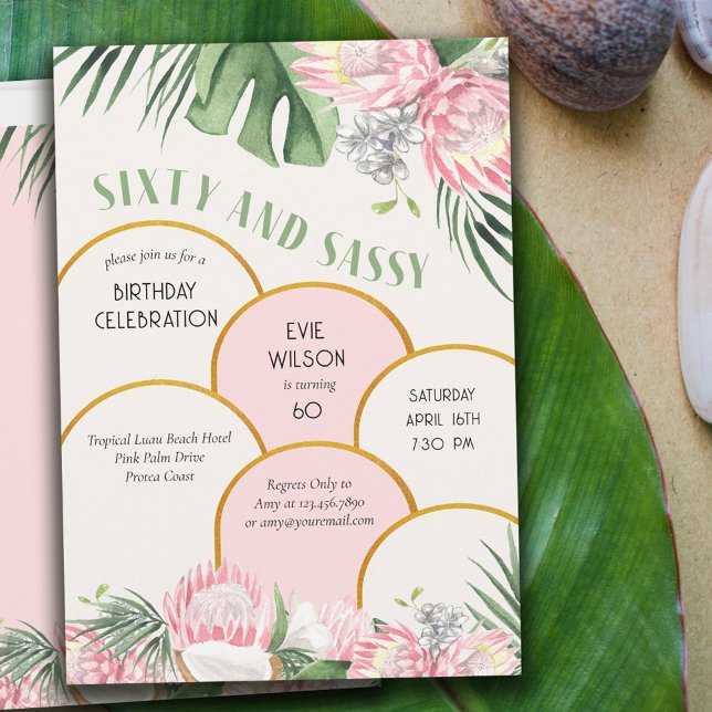 Gold Arch Tropical Protea and Palm 60th Birthday Invitation (Creator Uploaded)