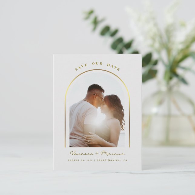 Gold Arched Frame Wedding Photo Save The Date Announcement Postcard (Standing Front)