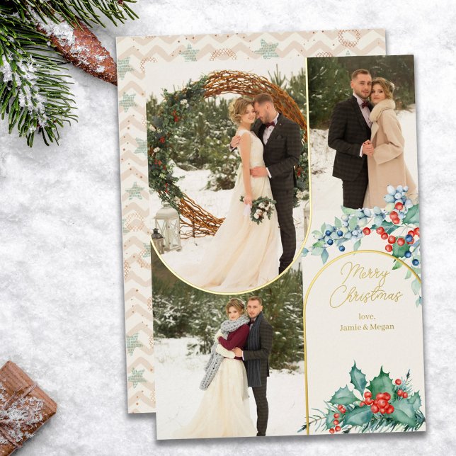 Gold Arches 3 Photo Pine and Winter Berries Foil Holiday Card (Creator Uploaded)