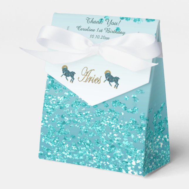 Gold Aries & Teal Blue Glitter Birthday Favor Box (Front Side)