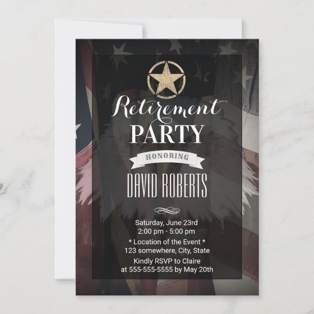 Gold Army Star USA Flag Military Retirement Party Invitation (Front)