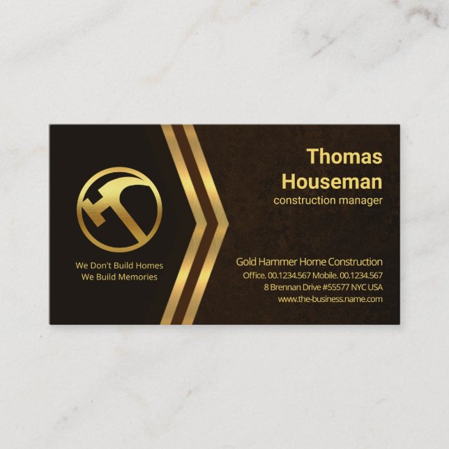 Gold Arrow Letter-R Brown Marble Contractor Business Card (Front)
