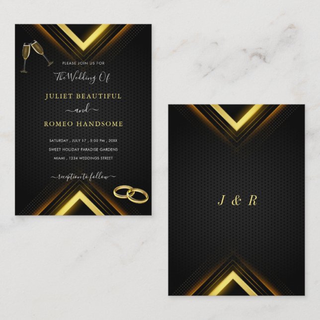 Gold Arrows Modern Golden Black Wedding Invitation (Front/Back)