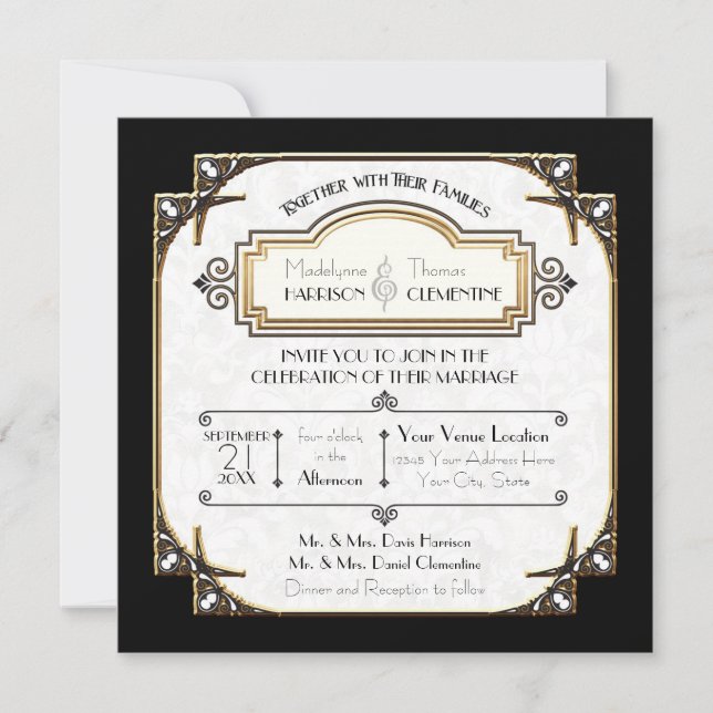 Gold Art Deco Black and White Typography Wedding Invitation (Front)