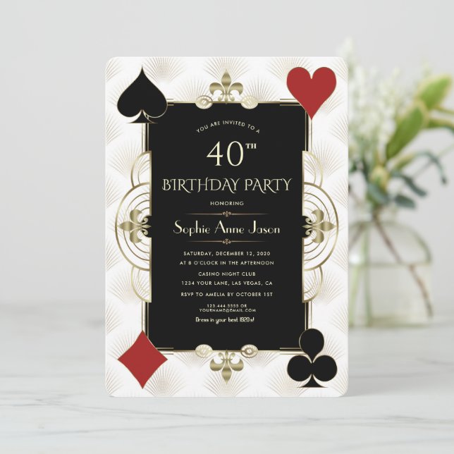 Gold Art Deco Casino Poker Woman 40th Birthday  Invitation (Standing Front)