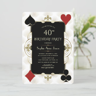 Gold Art Deco Casino Poker Woman 40th Birthday Invitation