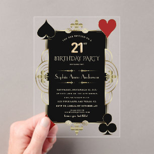 Gold Art Deco Casino Vegas Woman 21st Birthday Acrylic Invitations