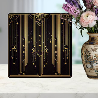 Gold Art Deco Celestial Stars Moons Pattern Tile