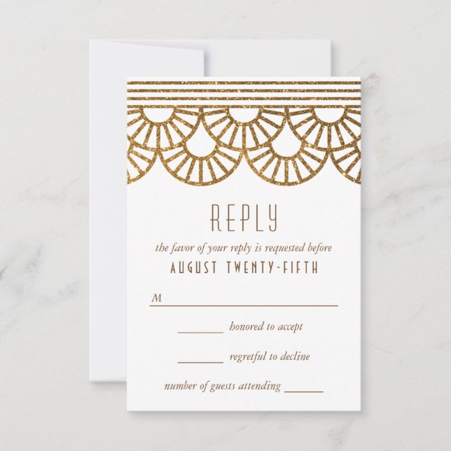 Gold Art Deco Fan Wedding Invitation Reply Card (Front)