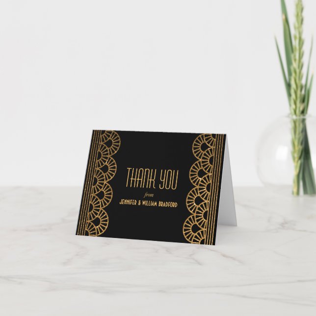 Gold Art Deco Fan Wedding Photo Thank You Note (Front)