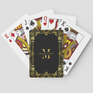 Gold Art Deco Frame On Black Monogram Playing Cards