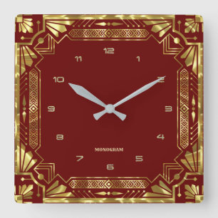 Gold Art Deco Frame On Dark Red Square Wall Clock