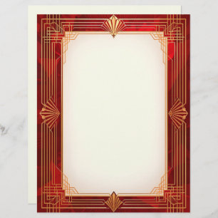 Gold Art Deco Frame on Red Background Stationery
