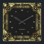 Gold Art Deco Frame Square Wall Clock<br><div class="desc">Gold tones Art Deco frame,  geometric style over a black background. Customizable monogram.</div>