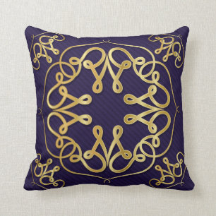 Gold art deco frame with ornament on blue backgrou throw pillow