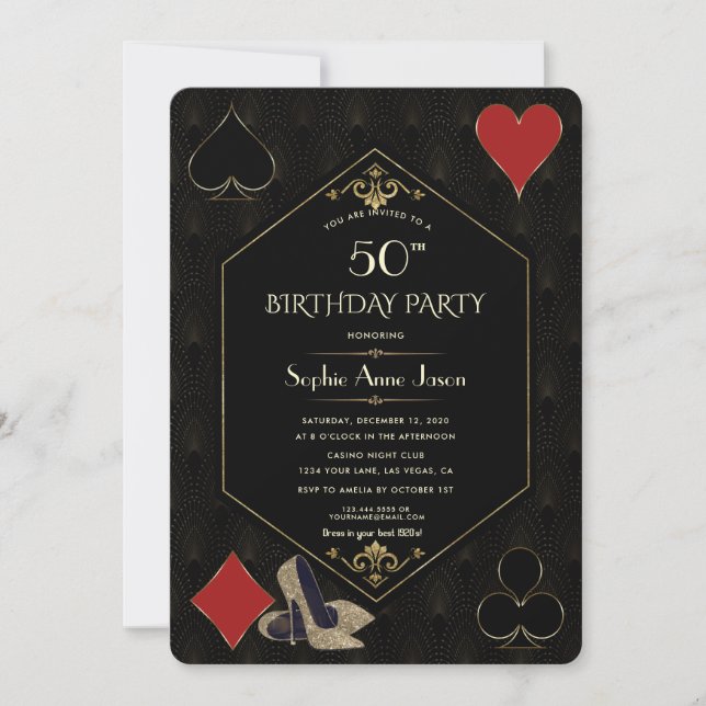 Gold Art Deco Gatsby Casino Vegas Poker Birthday Invitation (Front)