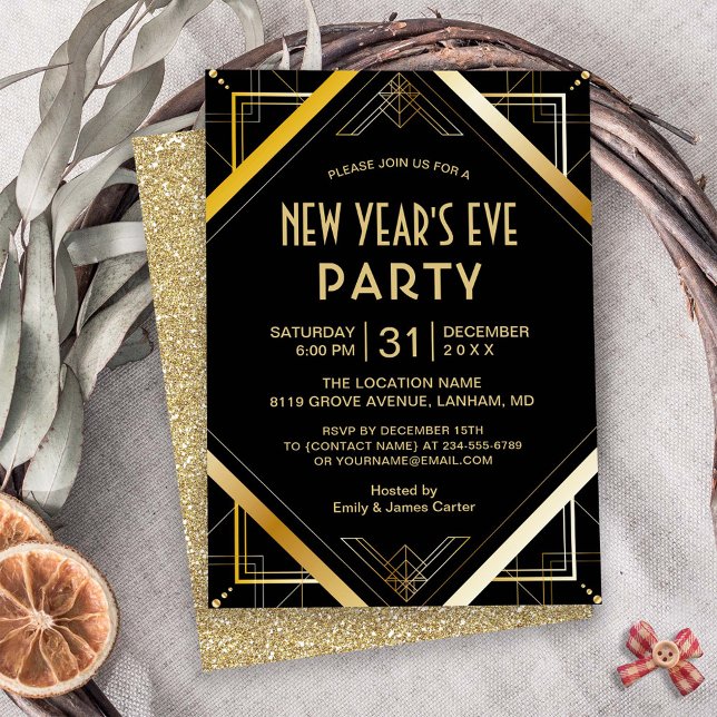 Gold Art Déco Gatsby Nouvel An Invitation de la So (Créateur téléchargé)
