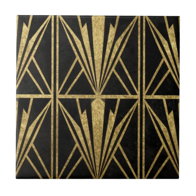 Gold Art Deco Geometric Fan Pattern Black Tile (Front)