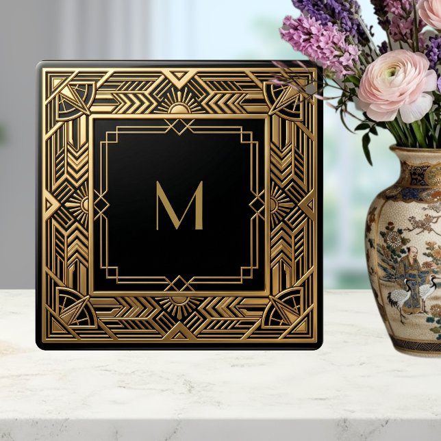 Gold Art Deco Monogram Black Personalized Luxury Tile (Creator Uploaded)