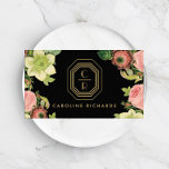 Gold Art Deco Monogram Vintage Florals Black Business Card<br><div class="desc">Your initials are elegantly displayed on this vintage-inspired faux gold art deco plaque for a unique logo. Surrounded by vintage flowers and set on a black background,  this design is eye-catching and beautiful. Great for floral designers,  cosmetologists,  beauty salons,  makeup artists,  interior designers and more. © 1201AM CREATIVE</div>