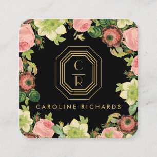 Gold Art Deco Monogram Vintage Florals Black Square Business Card