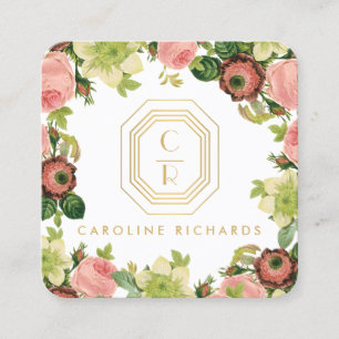 Gold Art Deco Monogram Vintage Florals Square Business Card