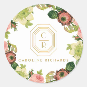 Gold Art Deco Monogram with Vintage Florals Classic Round Sticker
