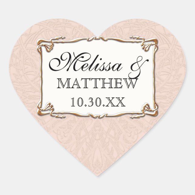 Gold Art Deco Nouveau Lace Blush Pink Wedding Heart Sticker (Front)