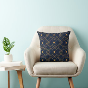 Gold art deco pattern on dark blue background throw pillow