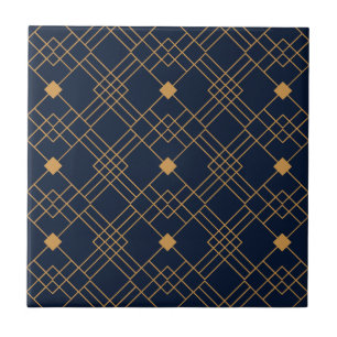 Gold art deco pattern on dark blue background tile
