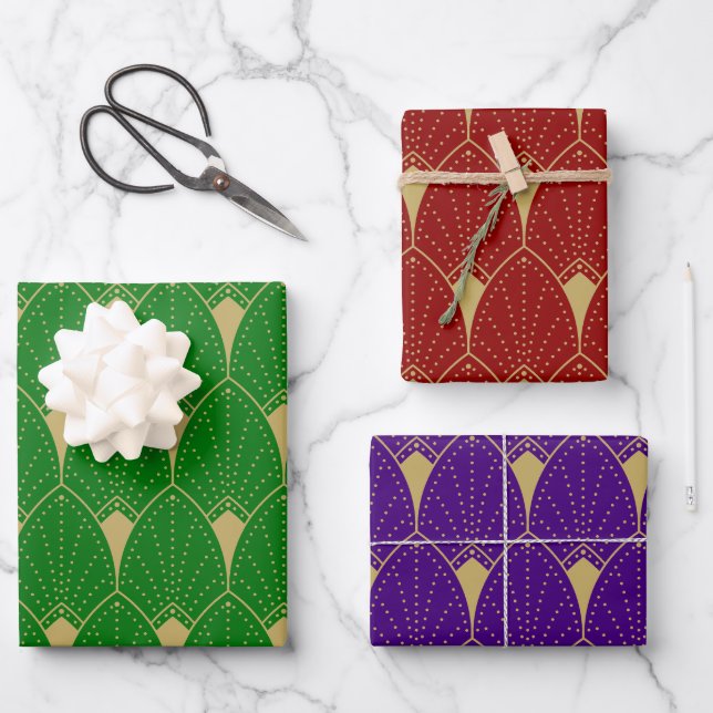 Gold Art Deco Pattern on Green Gold and Purple Wrapping Paper Sheet (Front)