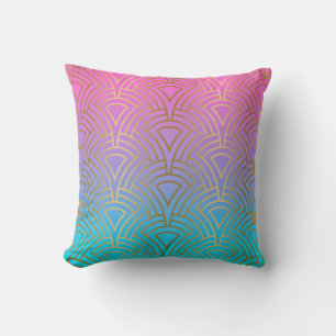 Gold art-deco pattern on pink and blue ombre throw pillow