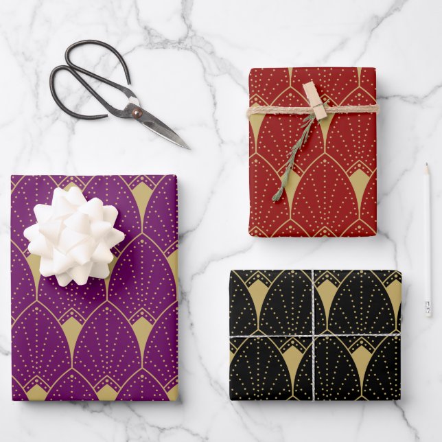 Gold Art Deco Pattern on Red Black and Purple Wrapping Paper Sheet (Front)