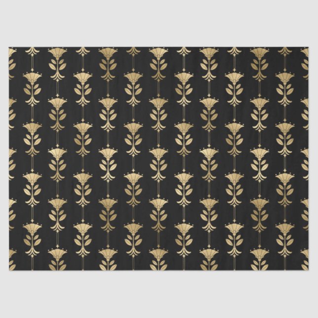 Gold Art Deco Style Flowers on Black Decoupage Tissue Paper (Front)