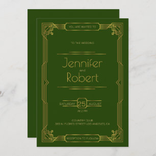 Gold Art Deco wedding frame on green Invite