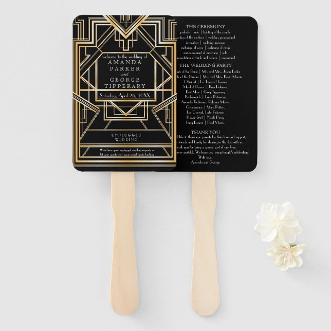 Gold Art Deco wedding program fan (Front and Back)