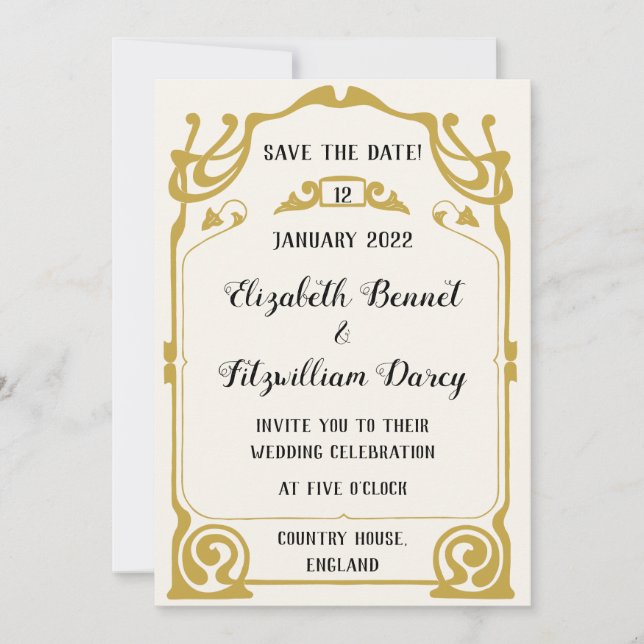 Gold Art Nouveau Modern Style Wedding Invitation (Front)